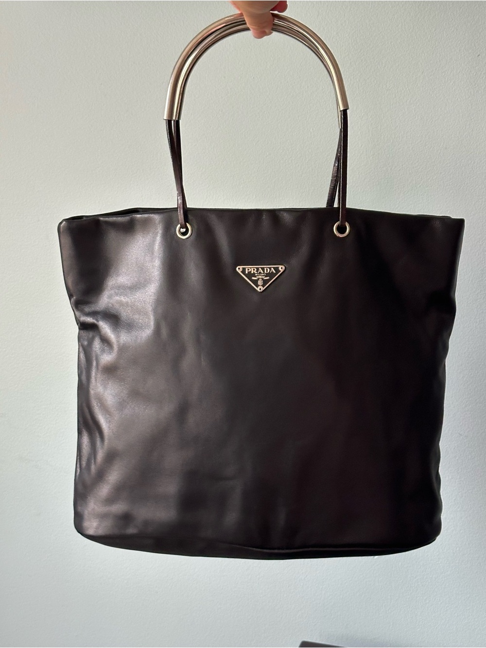 PRADA Rare Black Lambskin Tote Bag Silver Handles